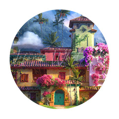 Lofaris Moutain Forest Cartoon Pink Floral House Round Birthday Backdrop
