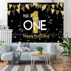 Lofaris Mr.One Black and Gold 1st Birthday Backdrop for Boy