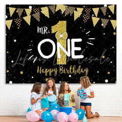 Lofaris Mr.One Black and Gold 1st Birthday Backdrop for Boy