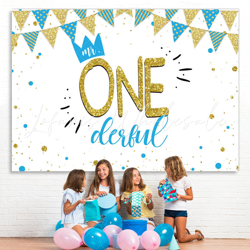 Lofaris Mr.Onederful Bule and Gold 1st Birthday Backdrop Boy