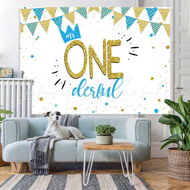Lofaris Mr.Onederful Bule and Gold 1st Birthday Backdrop Boy
