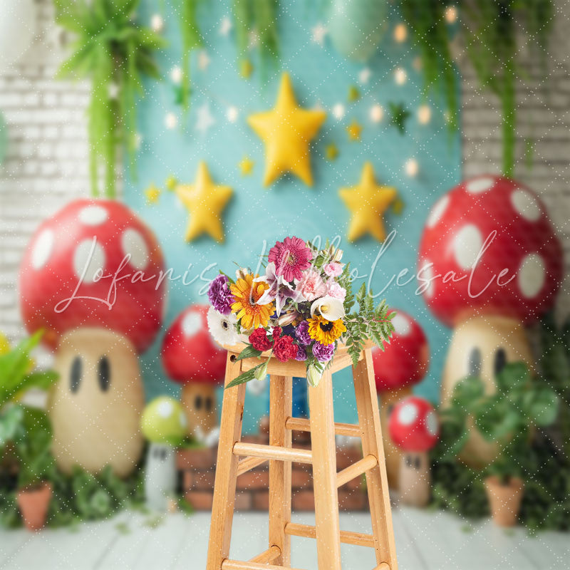 Mushroom Stars Red Brick Mario Cake Smash Backdrop