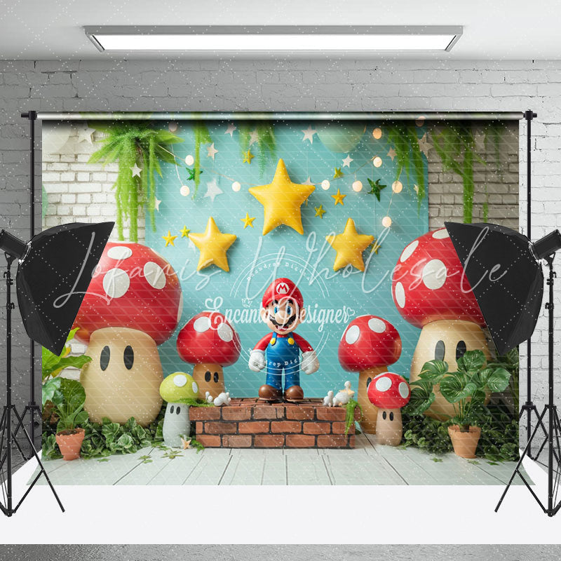 Mushroom Stars Red Brick Mario Cake Smash Backdrop