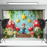 Mushroom Stars Red Brick Mario Cake Smash Backdrop