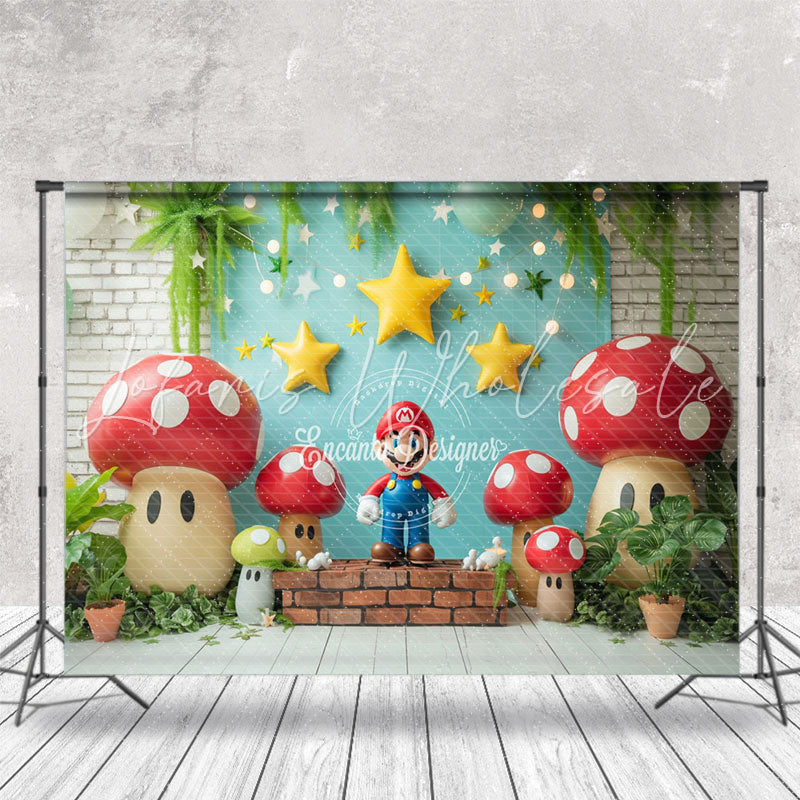 Mushroom Stars Red Brick Mario Cake Smash Backdrop