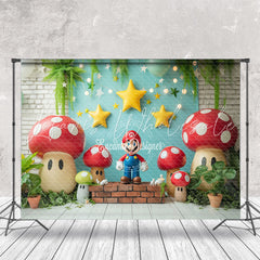 Mushroom Stars Red Brick Mario Cake Smash Backdrop