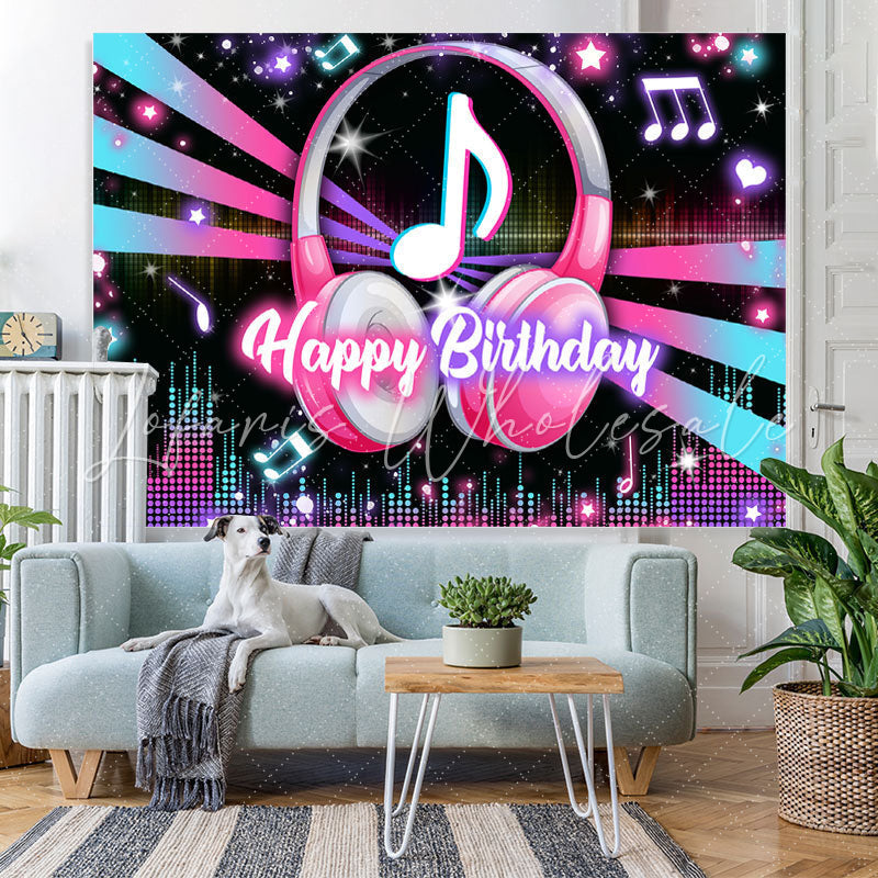 Lofaris Music Headphones Glitter Lights Happy Birthday Backdrop
