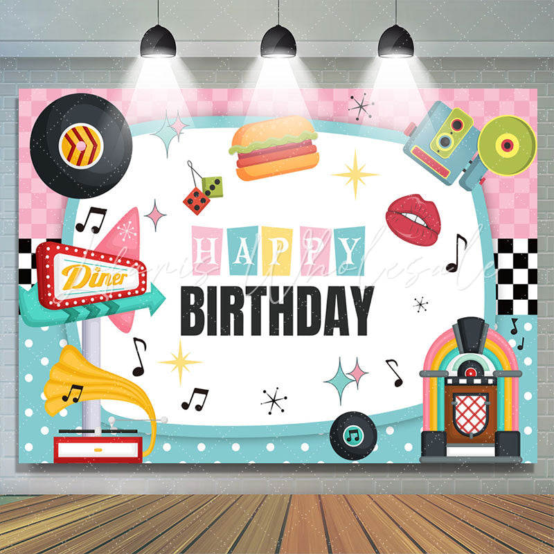 Lofaris Music Pink Blue White Vivid Happy Birthday Backdrop