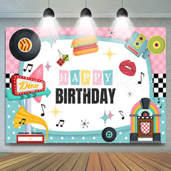Lofaris Music Pink Blue White Vivid Happy Birthday Backdrop