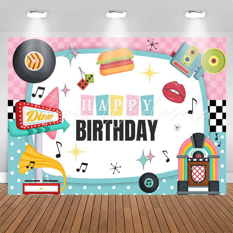 Lofaris Music Pink Blue White Vivid Happy Birthday Backdrop