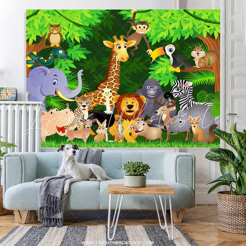 Lofaris Nature Cartoon Animals Happy Birthday Backdrop For Kids