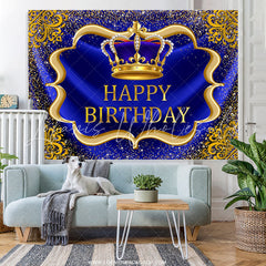 Lofaris Navy Blue And Glod Brown Crown Happy Birthday Backdrop