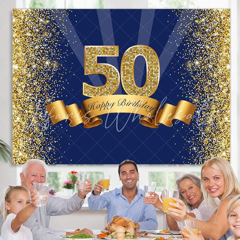 Lofaris Navy Blue and Gold Happy 50th Birthday Party Backdrop