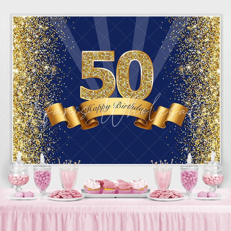 Lofaris Navy Blue and Gold Happy 50th Birthday Party Backdrop