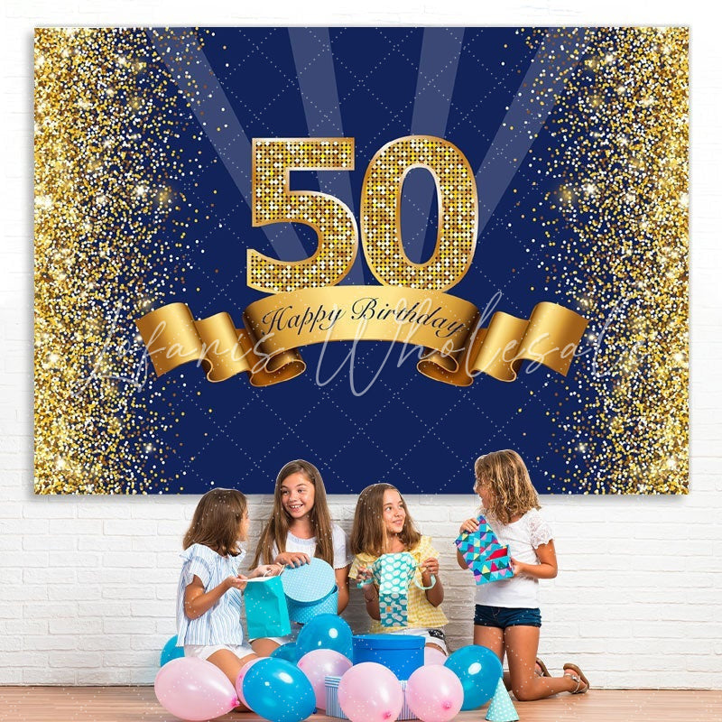Lofaris Navy Blue and Gold Happy 50th Birthday Party Backdrop