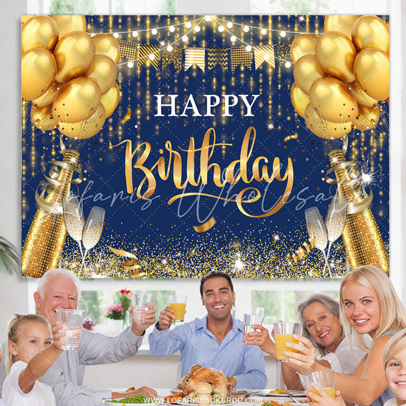 Lofaris Navy Blue And Golden Balloons Happy Birthday Backdrop