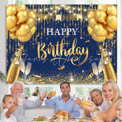 Lofaris Navy Blue And Golden Balloons Happy Birthday Backdrop