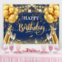 Lofaris Navy Blue And Golden Balloons Happy Birthday Backdrop