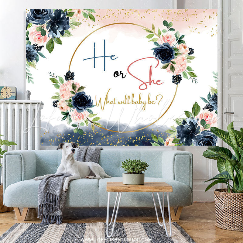 Lofaris Navy Blue And Pink Floral Glitter Baby Shower Backdrop