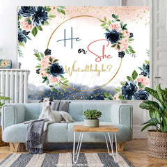 Lofaris Navy Blue And Pink Floral Glitter Baby Shower Backdrop