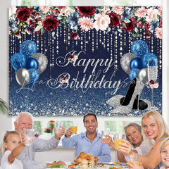 Lofaris Navy Blue And Sliver Balloons Glitter Birthday Backdrop