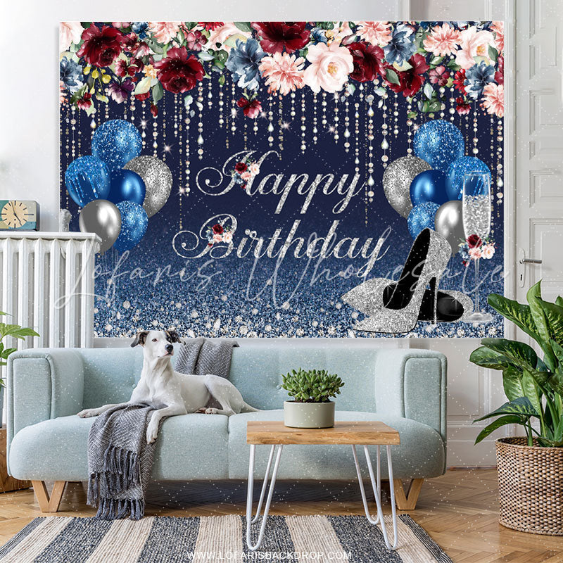 Lofaris Navy Blue And Sliver Balloons Glitter Birthday Backdrop
