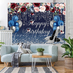 Lofaris Navy Blue And Sliver Balloons Glitter Birthday Backdrop