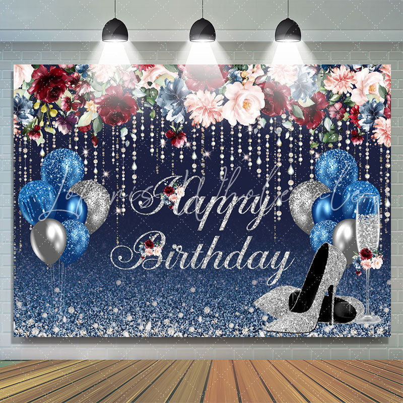 Lofaris Navy Blue And Sliver Balloons Glitter Birthday Backdrop