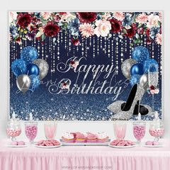 Lofaris Navy Blue And Sliver Balloons Glitter Birthday Backdrop