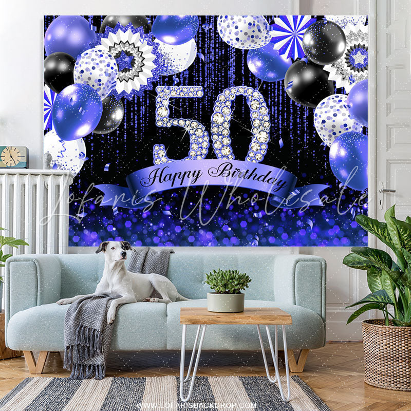 Lofaris Navy Blue Bokeh Glitter Diamonds 50th Birthday Backdrop