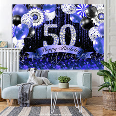 Lofaris Navy Blue Bokeh Glitter Diamonds 50th Birthday Backdrop
