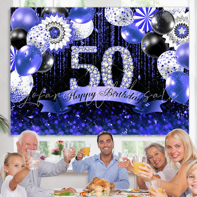 Lofaris Navy Blue Bokeh Glitter Diamonds 50th Birthday Backdrop