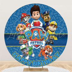 Lofaris Navy Blue Cartoon Dogs And Boy Round Birthday Backdrop