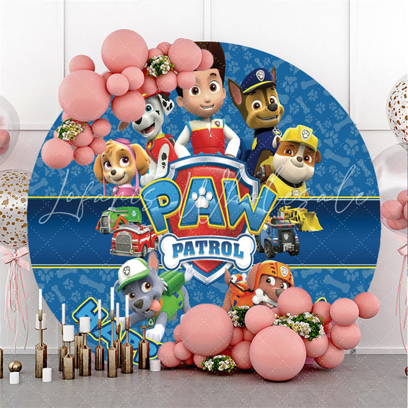 Lofaris Navy Blue Cartoon Dogs And Boy Round Birthday Backdrop