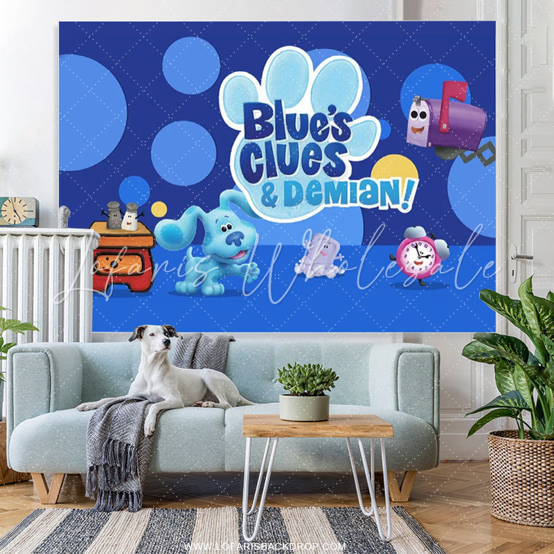 Lofaris Navy Blue Cartoon Little Dog Happy Birthday Backdrop