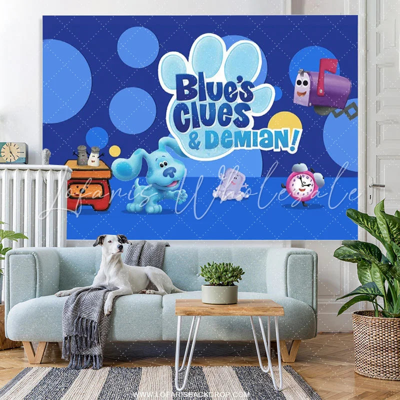 Lofaris Navy Blue Cartoon Little Dog Happy Birthday Backdrop