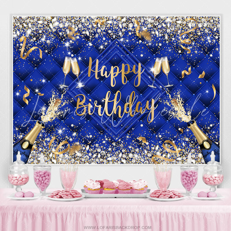Lofaris Navy Blue Champagne Ribbion Happy Birthday Backdrop