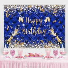Lofaris Navy Blue Champagne Ribbion Happy Birthday Backdrop