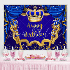 Lofaris Navy Blue Curtain Gold Crown Happy Birthday Backdrop
