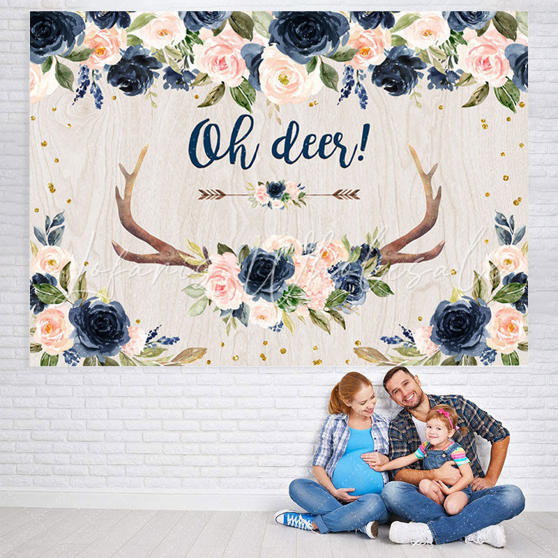 Lofaris Navy Blue Floral Oh Deer Flower Baby Shower Backdrop