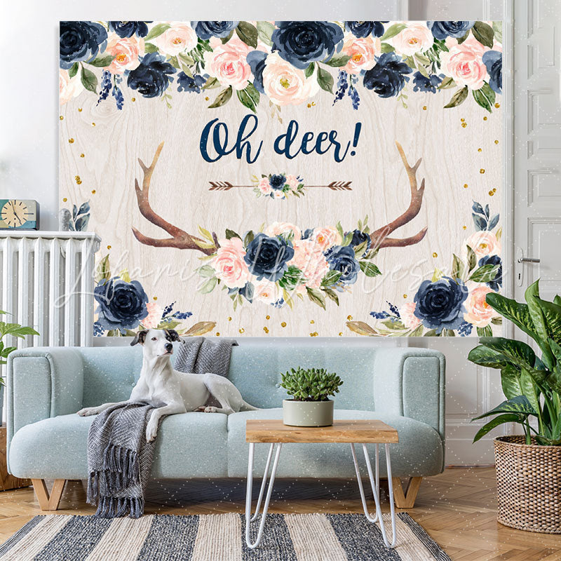 Lofaris Navy Blue Floral Oh Deer Flower Baby Shower Backdrop