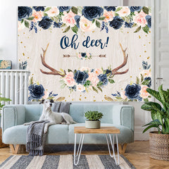 Lofaris Navy Blue Floral Oh Deer Flower Baby Shower Backdrop