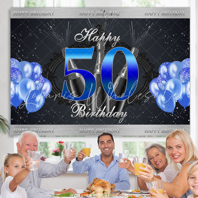 Lofaris Navy Blue Glitter Balloons Happy 50th Birthday Backdrop