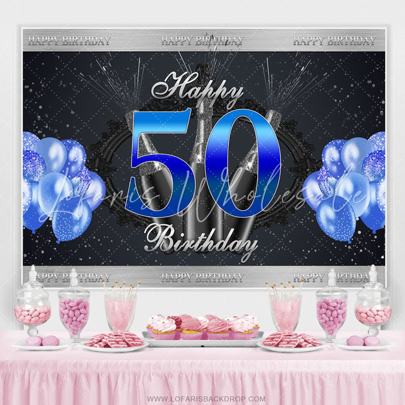Lofaris Navy Blue Glitter Balloons Happy 50th Birthday Backdrop