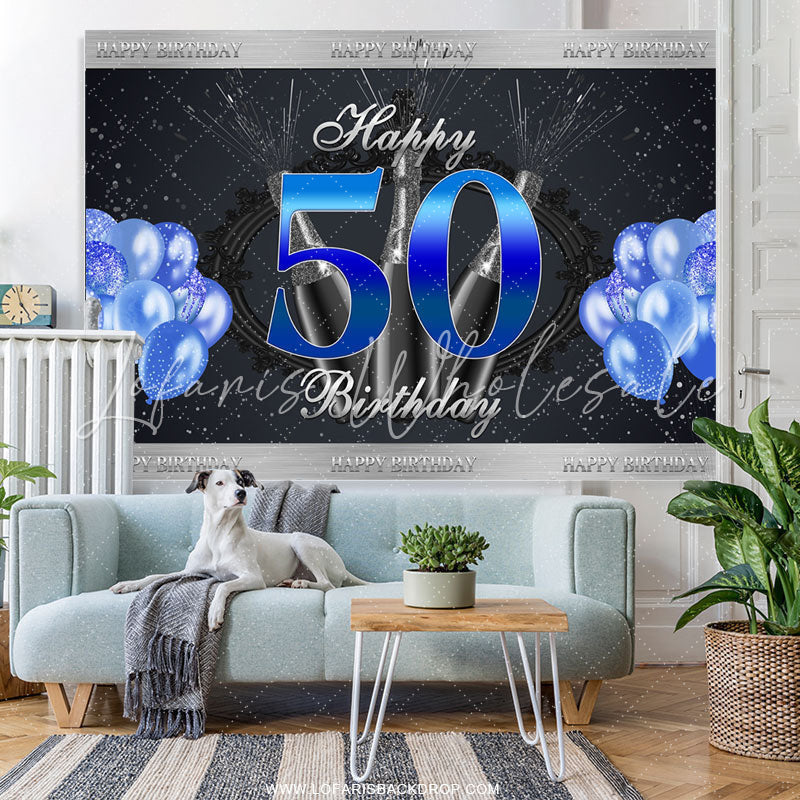 Lofaris Navy Blue Glitter Balloons Happy 50th Birthday Backdrop