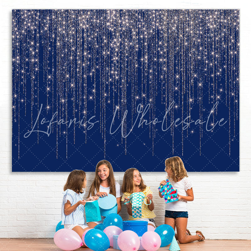 Lofaris Navy Blue Glitter Silver Bar Happy Birthday Backdrop