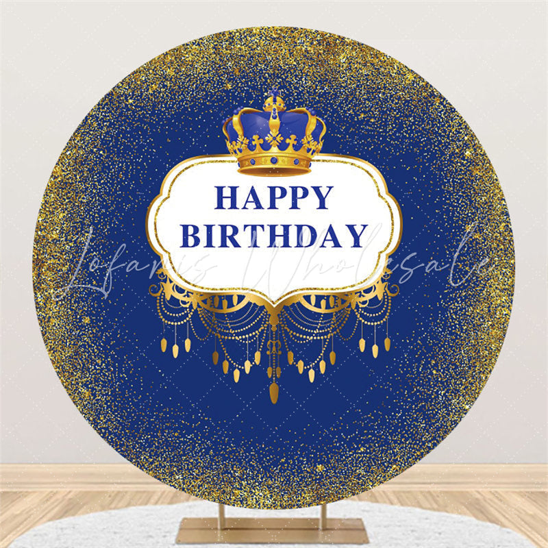 Lofaris Navy Blue Gold Crown Circle Happy Birthday Backdrop