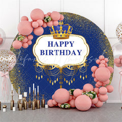 Lofaris Navy Blue Gold Crown Circle Happy Birthday Backdrop