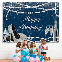 Lofaris Navy Blue Silver High Heels Happy Birthday Backdrop