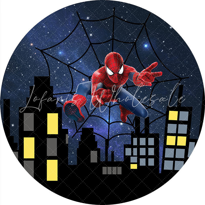 Lofaris Night Glitter Round Cartoon Hero Happy Birthday Backdrop
